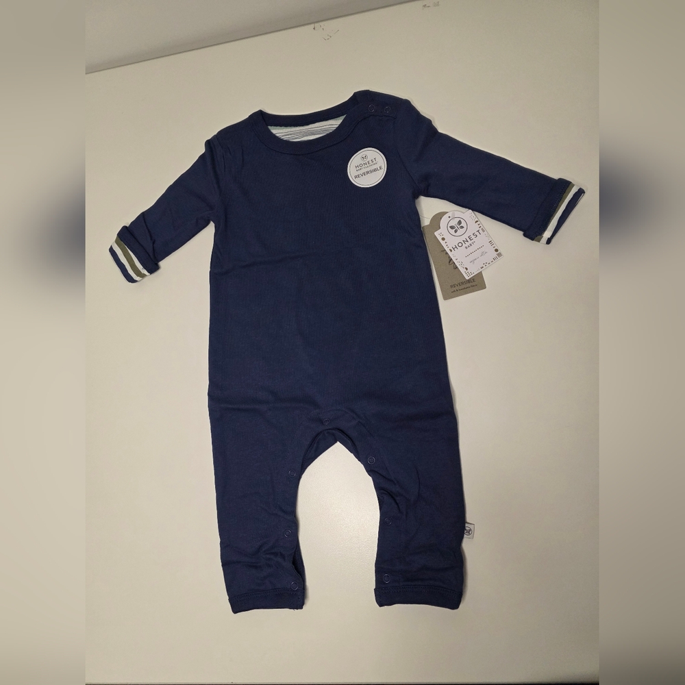 NWT Honest Baby Boys 3-6M Reversible Romper - Navy Blue/Blue Green Stripes